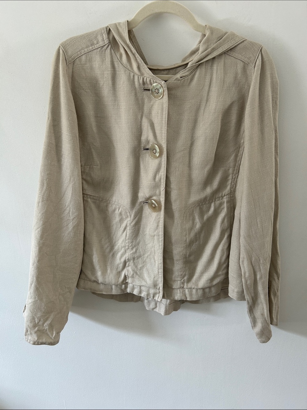 J. Jill Hemp Cropped Jacket Lagenlook Button Front Light Beige Hooded Size Small
